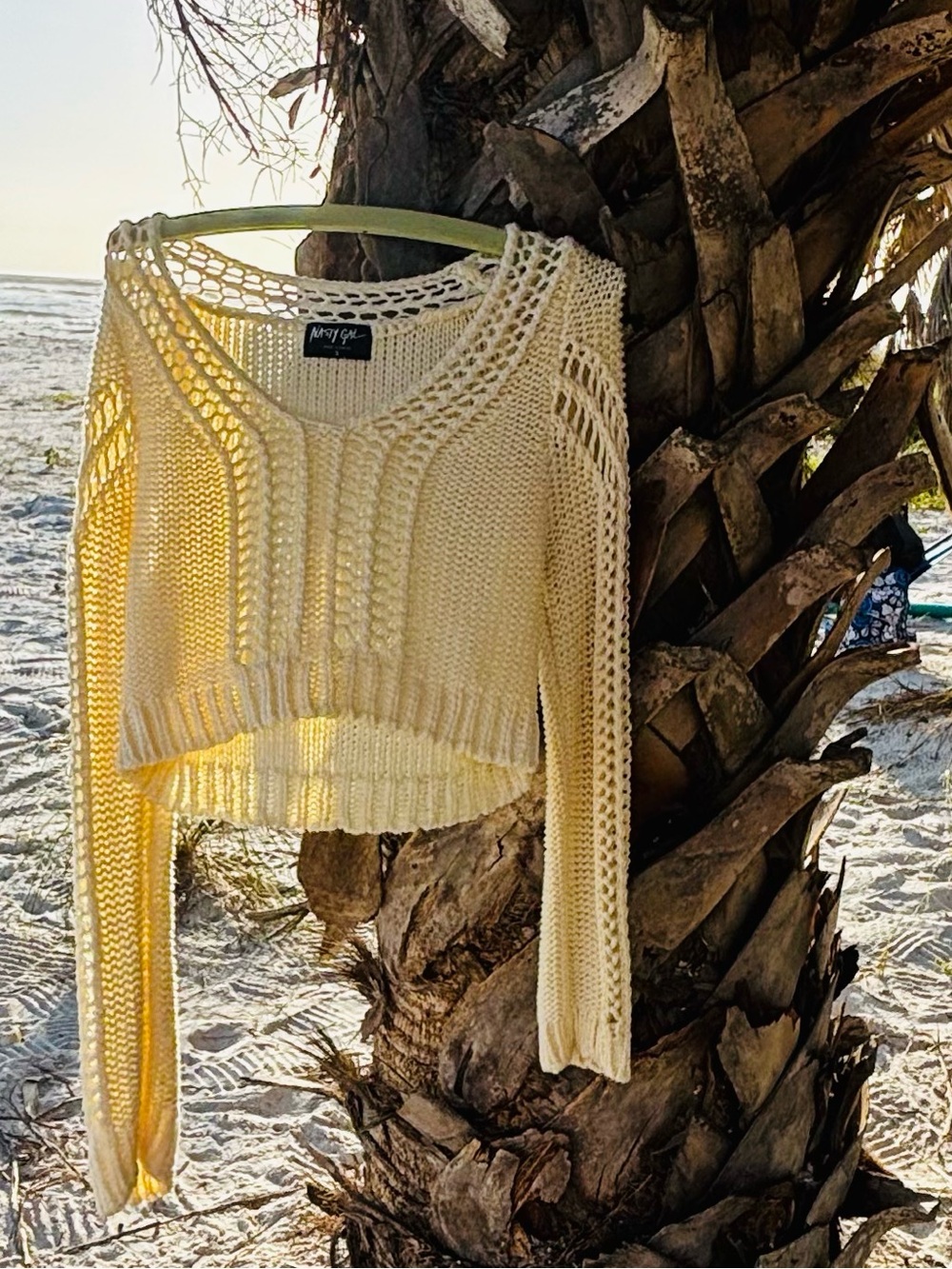 Nasty Gal Cream Open-Knit Cropped Crewneck Sweater